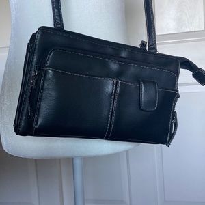 EUC Vintage black leather multi pocket accordion cross body purse